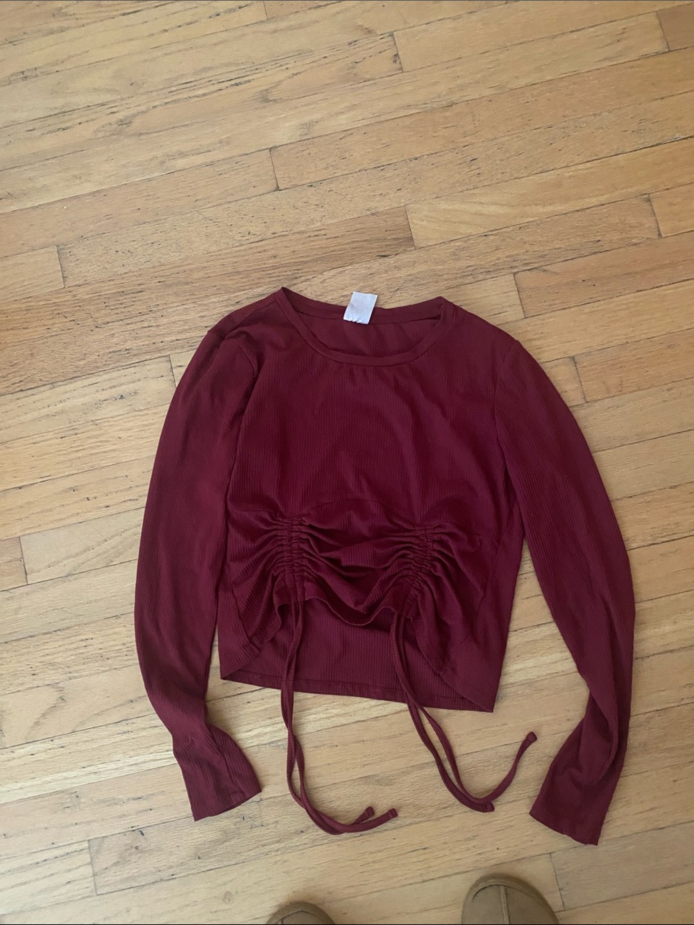 No Boundaries Burgundy Ruched Front Ribbed Long-Sleeve Top